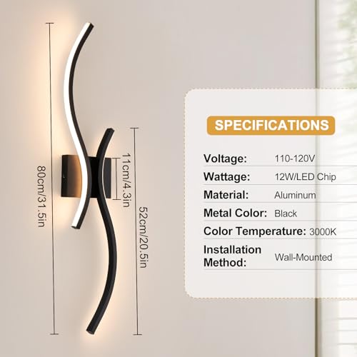 Image of CANEOE Modern LED Wall Sconce Set of Two, 3000K Warm White Led Wall Light Fixture, 31.5inch Black Modern Sconces Wall Lighting for Bedroom, Living Room, Hallway, Staircase, Bathroom