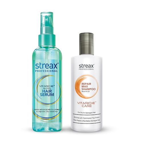 Streax Professional Vitariche Gloss Hair Serum, 115ml for Frizz Free Hair + FREE Repair Max Shampoo,100 ml for Dry to Damaged Hair