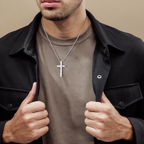 M MOOHAM 2 Pcs Silver Black Cross Necklace for Men Boys - Stainless Steel Bible Verse Cross Chain Pendant Necklaces for Men American Flag Religious Christian First Communion Jewelry Gift 18-24 Inches3