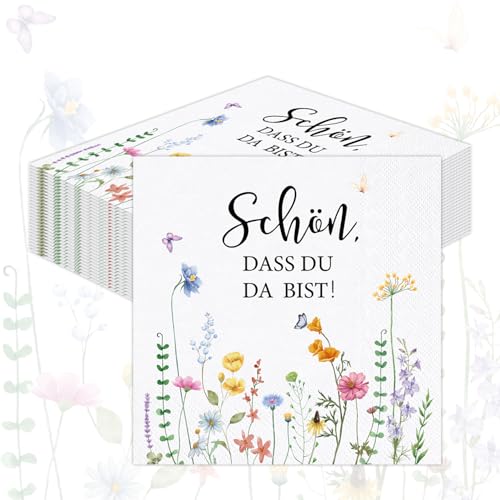 ELNIVOX Servietten Blumen 33x33 cm 40 Stück Servietten Schön dass du da bist Party Servietten für Hochzeit Geburtstag & Tischdeko