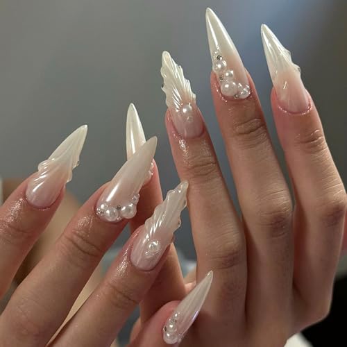 Pearl 3D Stripe Press on Nails Long Almond Fake Nails