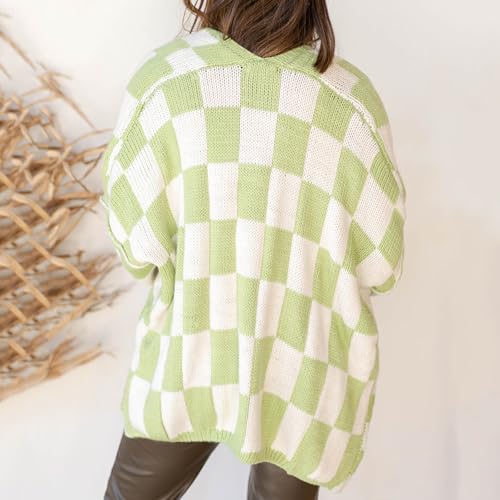 Image of Womens Checkered Cardigan Sweater Loose Long Sleeve Open Front Sweater Knit Coat Casual Oversized Plaid Cardigan Tops