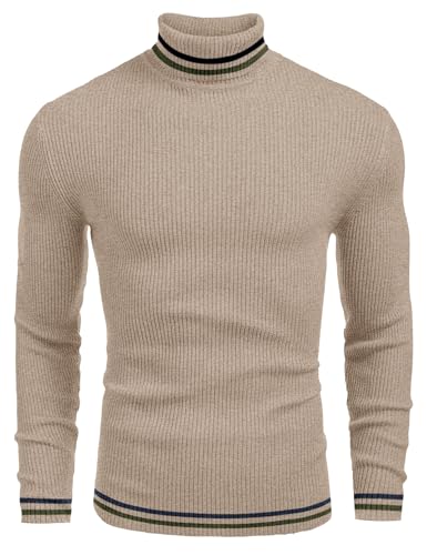 Image of COOFANDY Mens Ribbed Slim Fit Knitted Pullover Casual Turtleneck Sweater | Premium anti-shrink knit turtleneck. Soft, warm & stretchy-perfect for casual, work or outdoor wear in fall /winter.