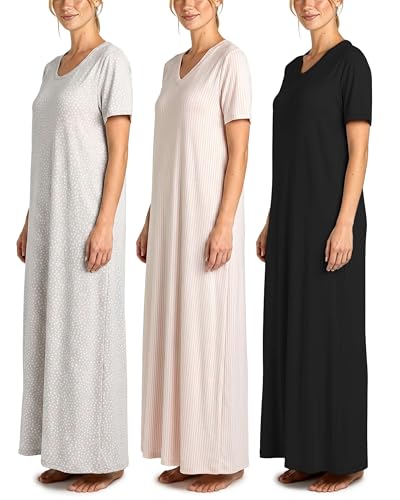 Image of Real Essentials 3 Pack: Women's Soft Maxi Long Nightshirt Short Sleeve Soft Nightgown Sleep Dress (Available in Plus Size)