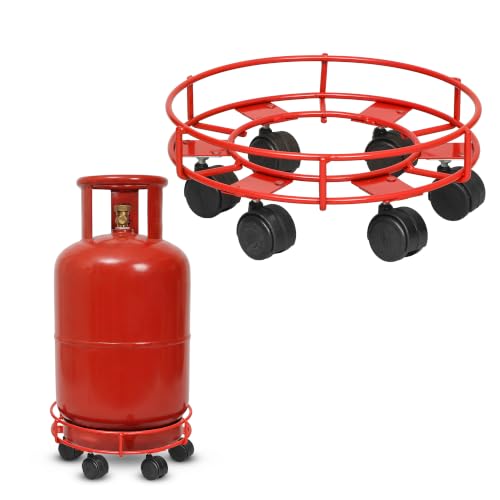 Image of Bonkaso 6-Wheel LPG Cylinder Trolley for Kitchen Gas Cylinder, Heavy-Duty Alloy Steel Stand with 360 Swivel PP Casters, 50 kg Load Capacity, Powder-Coated Red Finish for Home & Commercial Use