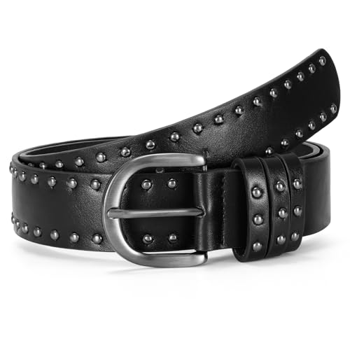 SUOSDEY Damen Nietengürtel für Jeans Hosen Kleider, Ledergürtel mit silberner Schnalle 3.8 cm breit schwarz SUOSDEY Damen Nietengürtel für Jeans Hosen Kleider, Ledergürtel mit silberner Schnalle 3.8 cm breit schwarz