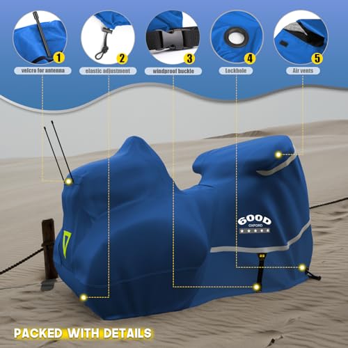 Image of Motorcycle Cover with Side+Top Box Heavy Duty 600D Waterproof for Touring Models Harley Davidson Ultra Limited,Road Glide Limited, Gold Wing,Road Master,Indoor & Outdoor Storage Blue