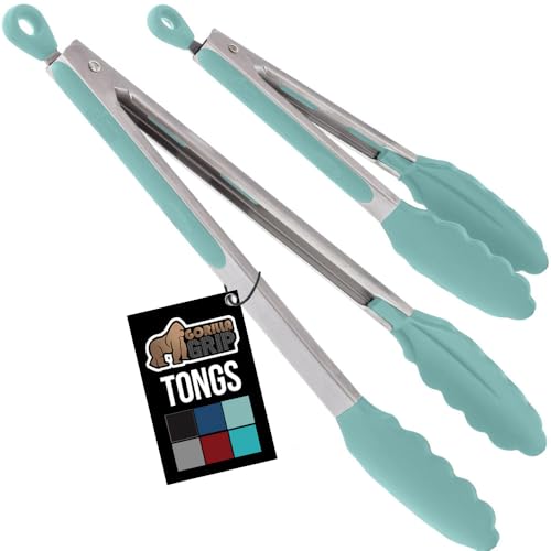 Image of GORILLA GRIP Stainless Steel Heat Resistant Kitchen Tongs for Cooking, Set of 2 BBQ Tong, Non Scratch Silicone Tip for Pans, Strong Grip, Grab Food, Toss Salad, Air Fryer, Pull Lock, 7 + 9 Inch, Mint