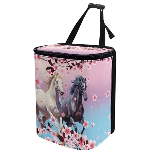 Image of Horse Animal Car Trash Bin Bag with Pink Cherry Blossom,Hanging Auto Garbage Can Waste Storage Bag Universal Fit Most Vehicle Truck SUV,Durable and Leak Proof