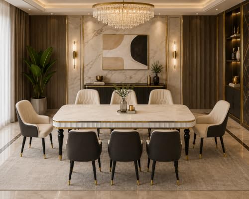 Image of 8 Seater Dining Table Set with Nano Composite Marble Top, Solid Wood Base & 8 Upholstered Chairs, Modern Dining Table Set for Home & Dining Room Furniture