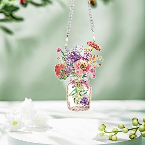 Image of Floral Jar Diamond Painting Hanging Ornament, DIY 5D Special Shaped Rhinestone Acrylic Pendant, Vase with Flowers Diamond Art Kit for Wall, Door, Window or Garden Decoration, Handmade Craft Gift