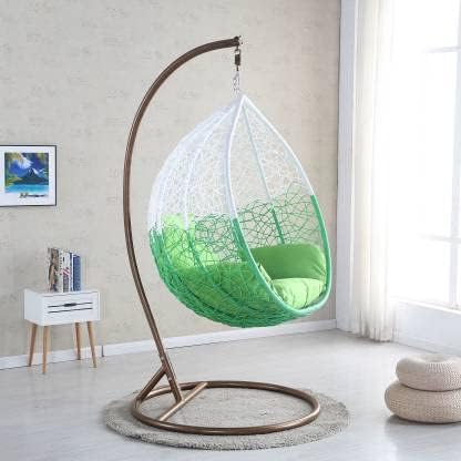 Single Seater Swing Chair with Stand & Cushion Outdoor Indoor Balcony Garden Patio,Powder Coated Frame,UV Protected Wicker (Swing-White/Cushion-Green)