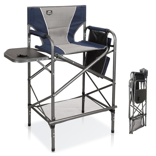 LANMONTAIN Folding Tall Director Chairs,30.7'' Seat High Makeup Solan Chairs,Portable Camping Chair w/Side Table Functional Pocket and Footrest,Comfy Bar Stool Heavy Duty Supports 350 Lbs,Blue