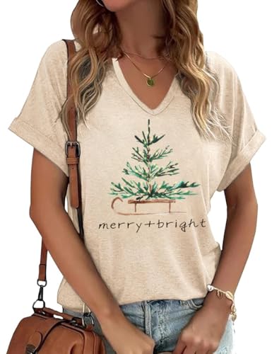 Womens V Neck Christmas Shirt Merry Christmas Holiday Graphic Tees Family Holiday Xmas T-Shirts Gift Tops(25 Sand-3,S) at Amazon Women's Clothing store
