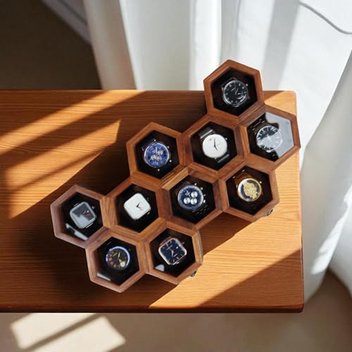 Image of Vintage Wooden Watch Box for Men, Timepiece Display Case, Honeycomb Watch Storage & Organizer, Jewlery Box for Women, Anniversary Gift For Husband (10 Compartments)