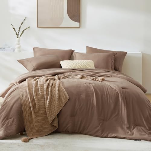 Image of Queen Comforter Set-7 Pieces Soft Prewashed Bed in a Bag Queen Bedding Sets | All Season Comforter with Sheets, Pillow Shams & Pillowcases, Brown