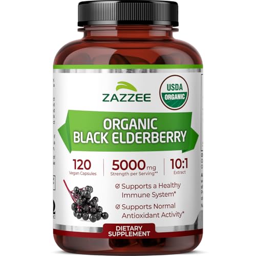 Zazzee USDA Organic Black Elderberry 10:1 Extract, 120 Vegan Capsules, 2 Month Supply, Sambucus Nigra, Antioxidant & Immune Support, Concentrated 10X Extract, All-Natural, Non-GMO, Made in the USA
