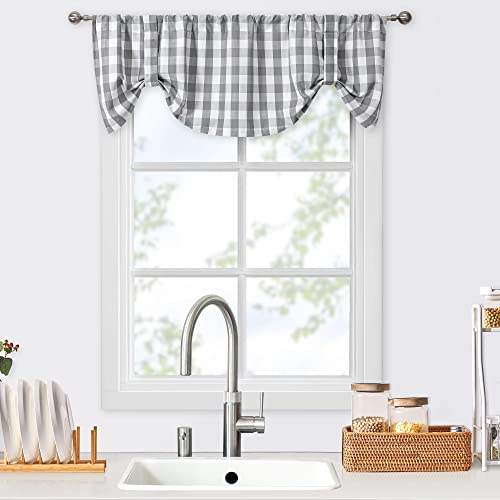 ZJDECOR Grey and White Buffalo Plaid Tie Up Valance Curtain Buffalo Check Farmhouse Retro Adjustable Gingham Tie Up Kitchen Window Treatment Valances for Cafe Bathroom Windows 56 x 18 Silver Gray