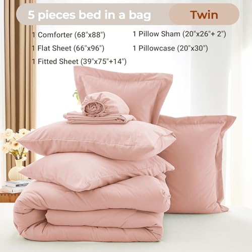 MUXHOMO 5 Pieces Twin Comforter Set, Soft Bed in a Bag Twin Size, All Season Bedding Set with Comforter, Flat Sheet, Fitted Sheet, Pillowcases & Shams, Rose Gold