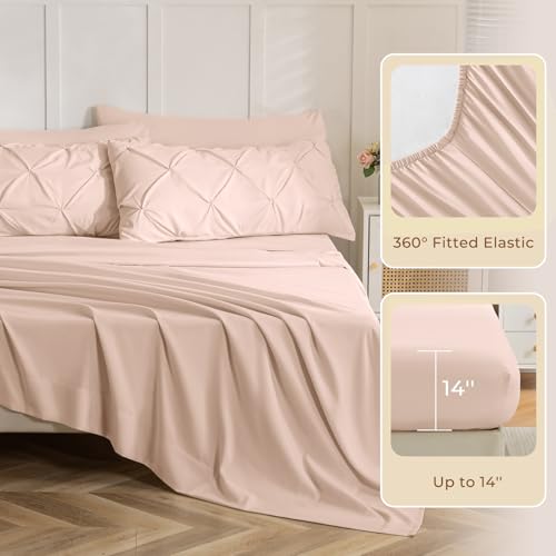 Image of Sasttie California King Comforter Set, 7-Piece Bed in a Bag, Pintuck Bedding Sets for All Season, Includes Comforter, Flat Sheet, Fitted Sheet, Pillowcases and Pillowshams, Blush Pink