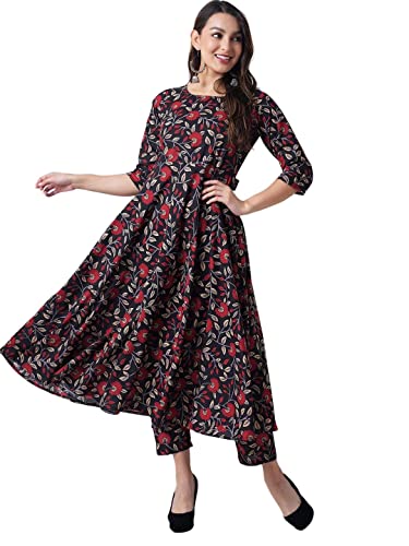 Image of Amayra Women's Rayon Printed Black Anarkali Kurta with Palazzos Pants and Dupatta Set
