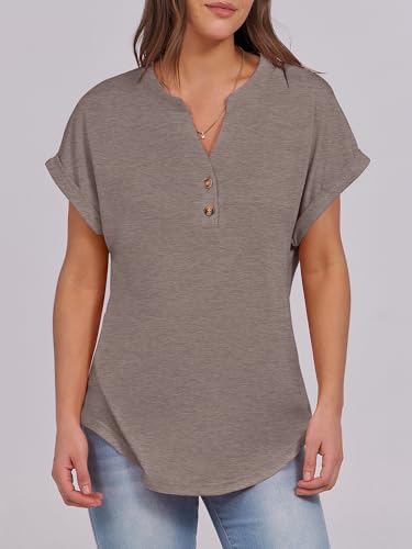 Image of ANRABESS Womens Short Sleeve Henley Tops V Neck Dressy Casual Blouses Summer Trendy Tee Shirts 2026 Vacation Fashion Clothes
