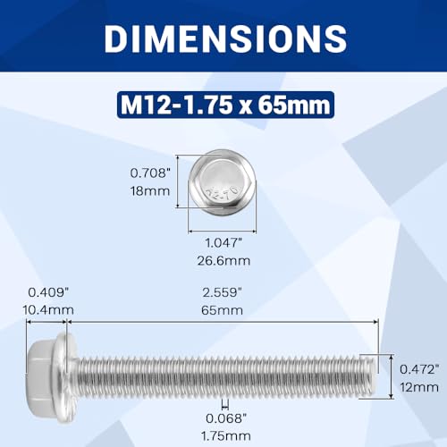 Image of M12-1.75 x 65mm Serrated Flange Hex Bolts + Flange Nut + Flat Washer + Lock Washer Combo Pack, 304 Stainless Steel 18-8, for Automotive & Machinery, 4 Sets