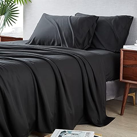 EHEYCIGA Bamboo King Sheet Sets, Deep Pocket Cooling Sheets, Black Fitted Sheet, Soft Breathable Bed Sheets, Machine Washable, 4 Pcs Set Includes Flat Sheet, and 2 Pillowcases Cover