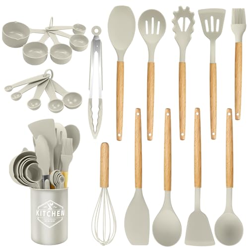 Utensili da cucina in silicone 22 pezzi, set di utensili da cucina per pentole antiaderenti, al calore e antiaderenti con manico in legno per utensili senza BPA