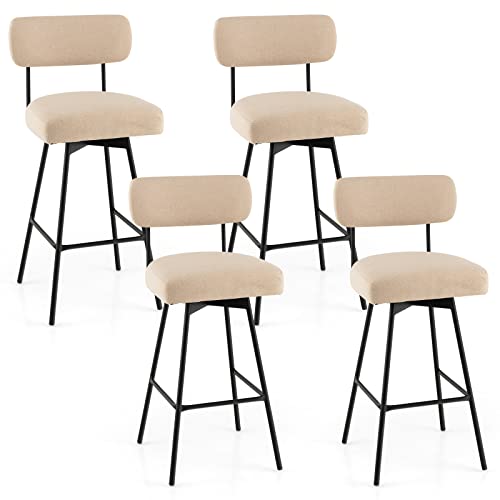Costway Bar Stools Set Of 4, 29” Upholstered Bar Height Chairs With Back, 360° Swivel Bar Chairs With Heavy-Duty Metal Legs And Footrests, Fabric Seat For Kitchen Island, Dining Room, Bar (4, Beige) #TOP23