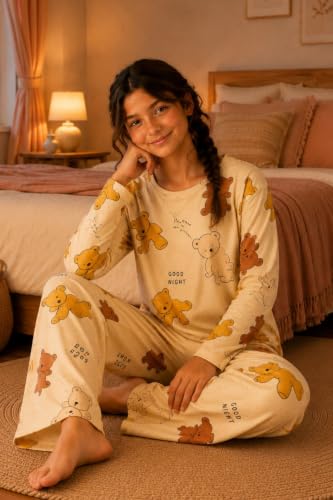 Image of TotzTouch Girls Printed Pyjama Set | Full Sleeve Top with Wide Leg Pyjama Pants | Stylish Cotton Co-Ord Nightwear Set for Kids