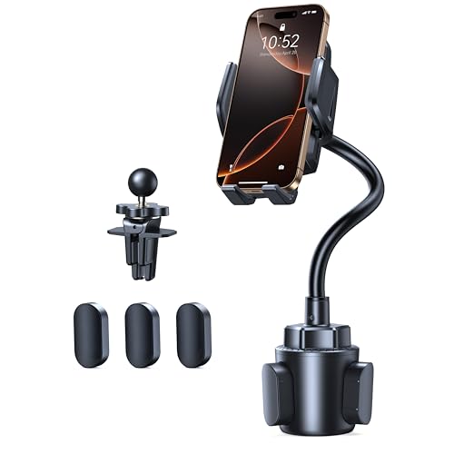TECKNET Cup Phone Holder for Car - Adjustable Gooseneck Cup Holder Phone Holders with Air Vent Holders & Expandable Base, Cupholder Phones Mount for iPhone 17/16 Pro Max and All Cell Phones, Car Model