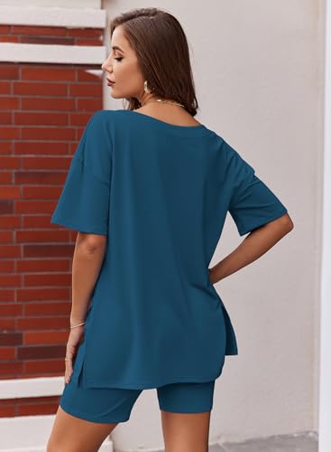 Image of Ekouaer Womens Pajamas 2 Piece Lounge Sets Oversized V Neck T-Shirts Tops Biker Shorts Set Workout Reversible Tracksuit S-XXL