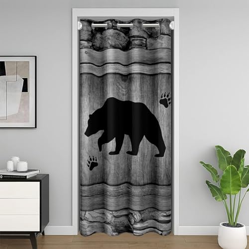 Bear Wildlife Paw Door Curtain 1 Panel,34" W X 80" L, Jungle Hunting Wild Animals Silhouette Privacy Door Drape for Bedroom Decor,Vintage Splicing Wooden Stripes Doorway Curtain