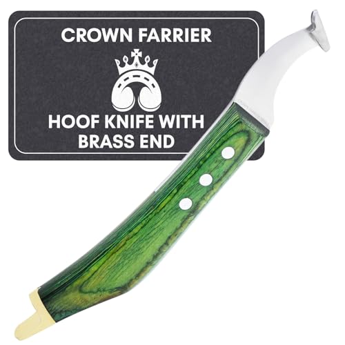 Crown Farrier Tools Super Sharp Hoof Knife with Brass End | Precision-Sharpened Stainless Steel Blade & Wooden Handle | Pro Farrier Hoof Trimming Tool for Horses & Equine (Green Left-Hand)
