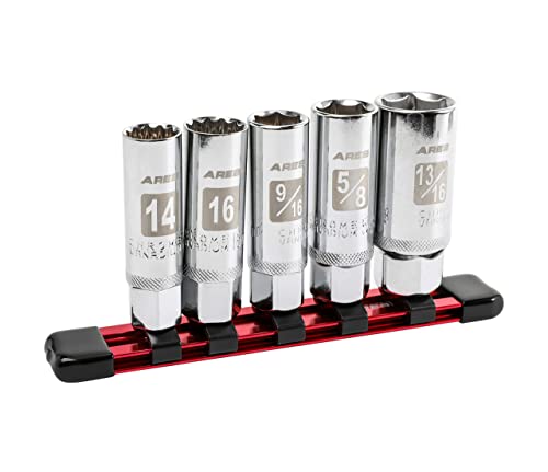 ARES 11016-5-Piece Magnetic Spark Plug Socket Set - Includes 14mm and 16mm Thin Wall Sockets and 9/16-inch, 5/8-inch, and 13/16-inch Sockets - Convenient Reusable Storage Rail Included