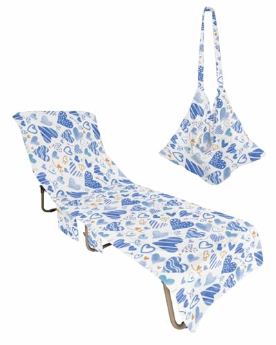 Valentines Blue Love Beach Chair Towel Covers for Chaise Lounge with Side Pocket, Soft Plush Pool Towels Cover for Patio Sunbathing Outdoor 29''x85'' Valentine's Day Spring Holiday