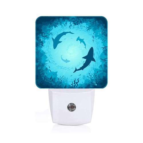 FSHVQKD Floating Sharks Night Light Plug Into Wall with Dusk to Dawn Light Sensors Warm Nightlights for Bedroom Bathroom Hallway Kitchen Gifts Ideal for Boys Girls Women Men