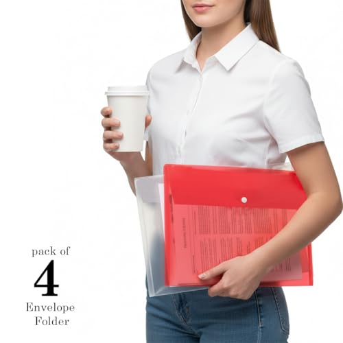 Image of Shuban Document File Folders with Snap Button Closure, Waterproof Plastic Envelope Pouches for Letter /A4 Size Paper, Assorted Transparent Colors (Style-5-Plain Transparent Folder-4Pcs-Mix Color)