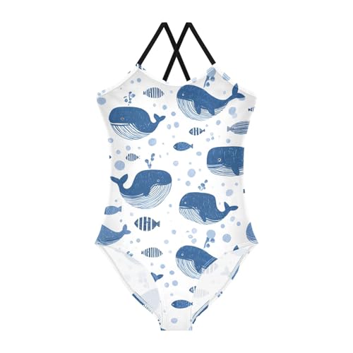 Girls Swimsuit Blue Whale Fish Bubbles Pattern One Piece Swimwear