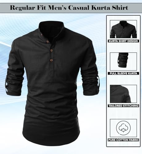 Image of FINIVO FASHION Men's Cotton Blend Solid Full Sleeve Short Kurta Shirt, Regular Fit Solid Pattern Mandarin Collar Straight Kurta Shirt