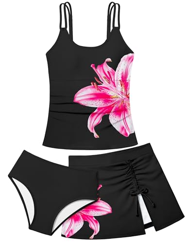Image of Girls Swimsuit Tropical 3 Piece Tankini Adjustable Strap Bathing Suit Solid Modest Swimwear with Drastring Skirt 9-16y