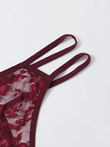Romwe Women's 2 Pack Floral Lace Thongs Sexy T Back Low Waist Stertchy Panties Black And Burgundy S #TOP3
