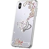 Kompatibel für iPhone X / XS Kompatibel mit iPhone X/XS Hülle Bling Glitzer Schutzhülle Weich Silikon Hülle Strass Diamant Blumen Spiegel TPU Silikon Hülle Handyhülle Tasche mit 360 Grad Ring Halter für iPhone X/XS,Silber