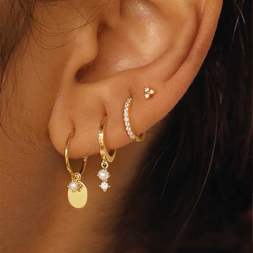 Image of Gold Plated Earrings for Women, 14k Gold Plated Earring Stack Hypoallergenic Pearl Drop Earring Dainty Earrings for Women Trendy Cute Small Huggie Hoop Earring Fashion Womens Jewelry