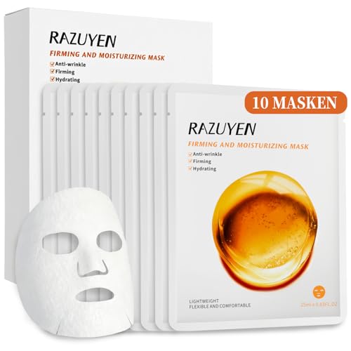 RAZUYEN Anti Age Maske (10 Stück), Gesichtsmaske Mit Peptiden und Hyaluronsäure, schenkt intensive Feuchtigkeit und Faltenbehandlung, Tuchmasken für alle Hauttypen