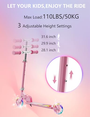 Image of 3+ Kids LED Foldable Pink Scooter, Adjustable Kick Scooter Boys Girls Birthday Gift