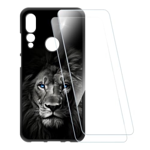 ESCAMOT Funda Estampada + 2 Protectores de Pantalla Vidrio Templado Compatible con Lenovo Z5S, Carcasa Suave Antigolpes y Película HD (León 2)