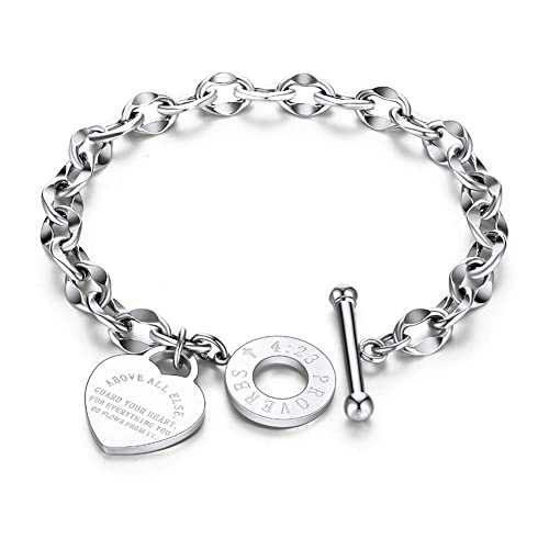 Image of JUPPE Silver Titanium Steel Engraved Bracelet Personalized Proverbs 4:23 Bangle Gift for Women Girls