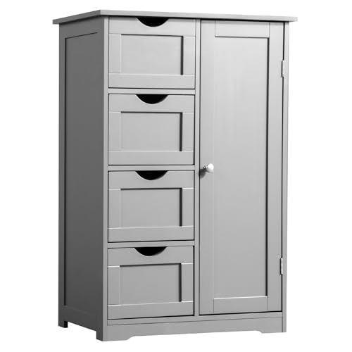 Image of Vasitelan Bathroom Wooden Floor Cabinet, Side Storage Organizer with 4 Drawers and 1 Cupboard, Freestanding Entryway Storage Unit Console Table,22 inch W x 11.8 inch D x 31.5 inch H (Gray)